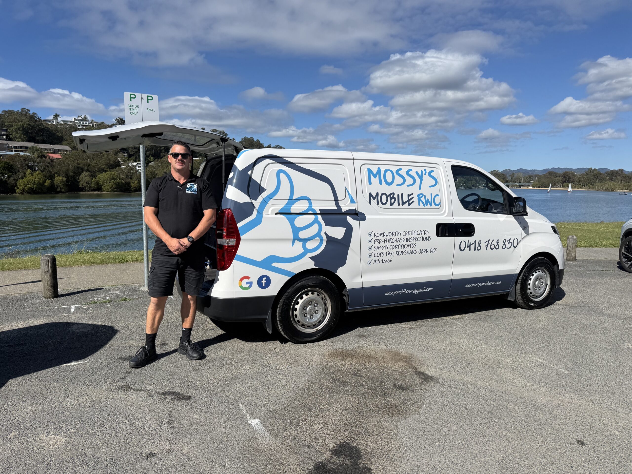 Mossy beside the Mossy's Mobile RWC van on the Gold Coast